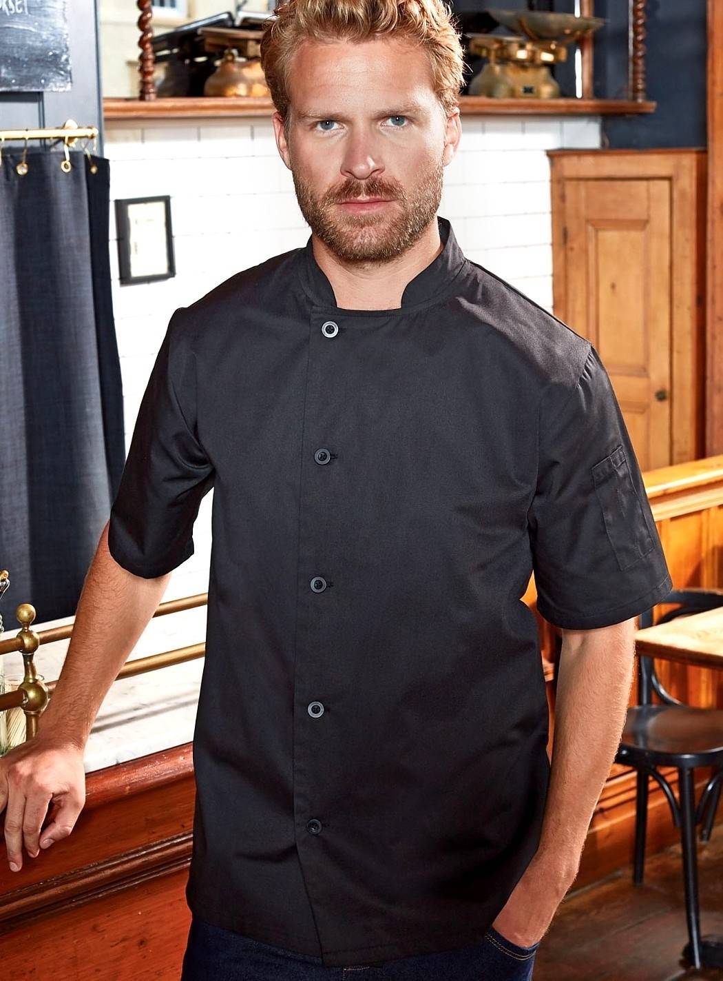 Bluza kucharska z krótkimi rękawkami i kołnierzykiem typu stójka