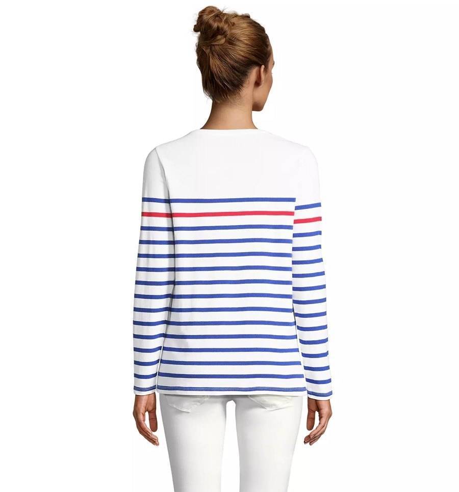 Bluzka damska w stylu marynarskim z modnymi poziomymi pasami i jednolitym panelem