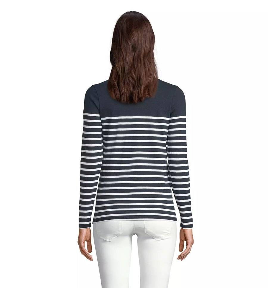 Bluzka damska w stylu marynarskim z modnymi poziomymi pasami i jednolitym panelem