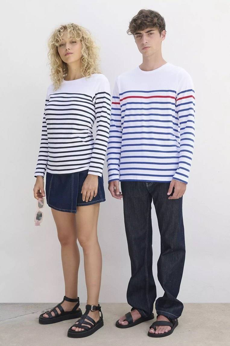 Bluzka damska w stylu marynarskim z modnymi poziomymi pasami i jednolitym panelem