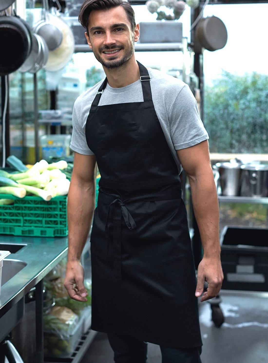 Ekologiczny fartuch z regulowanym klamrą pasem na szyję