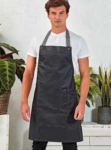 Długi nabłyszczany fartuch kelnerski z kontrastowymi pasami i boczną kieszenią