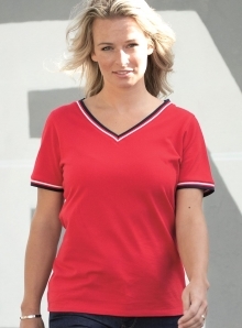 Koszulka damska z kolorowymi lamówkami wokół kołnierza V-neck i rękawków