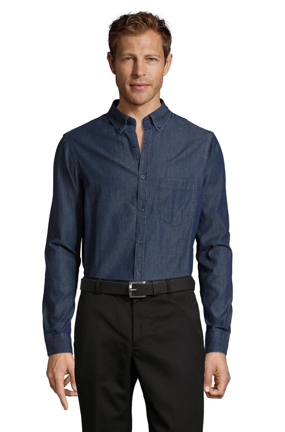 Jeansowa koszula męska z kołnierzem na guziki