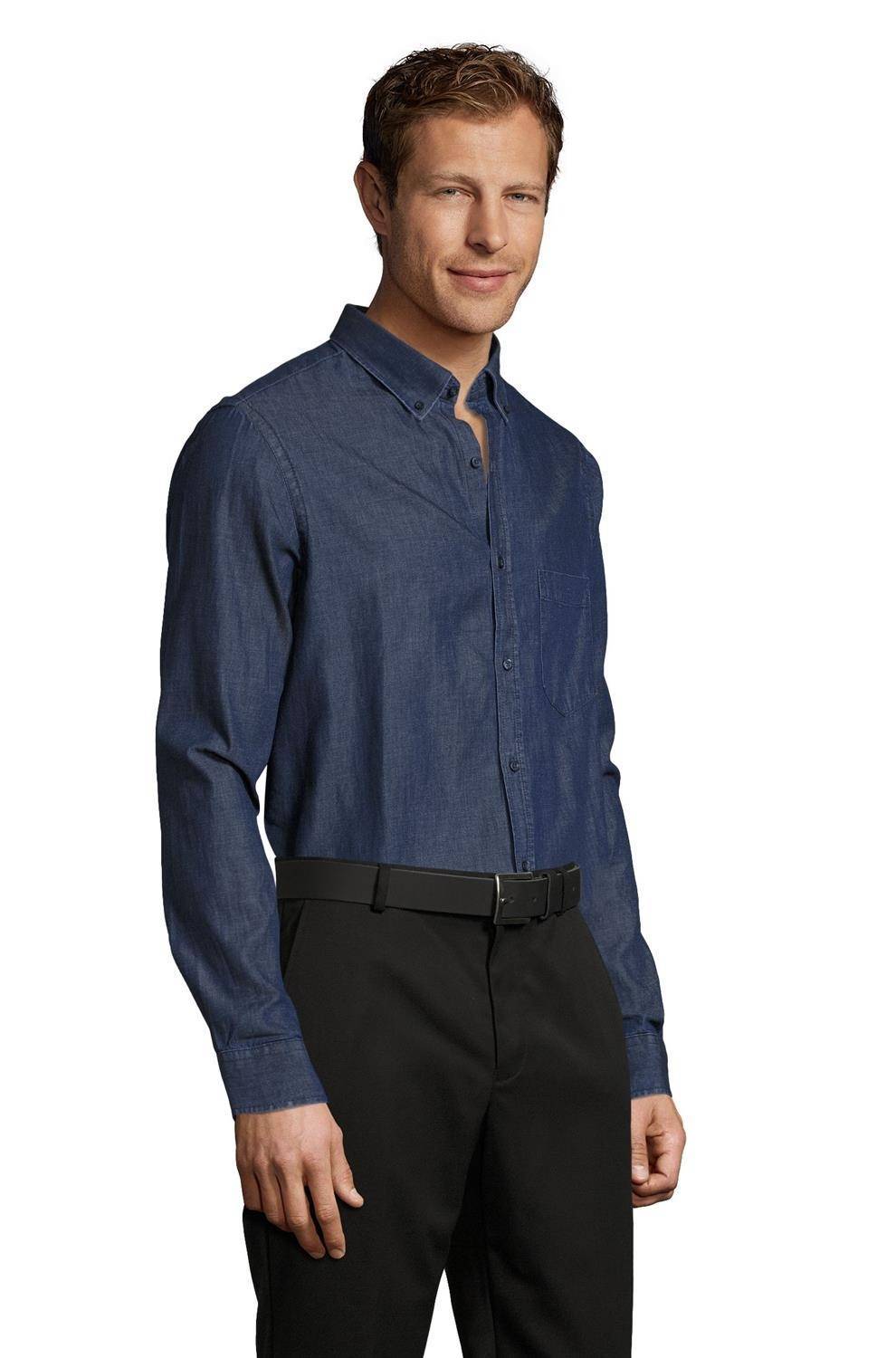 Jeansowa koszula męska z kołnierzem na guziki