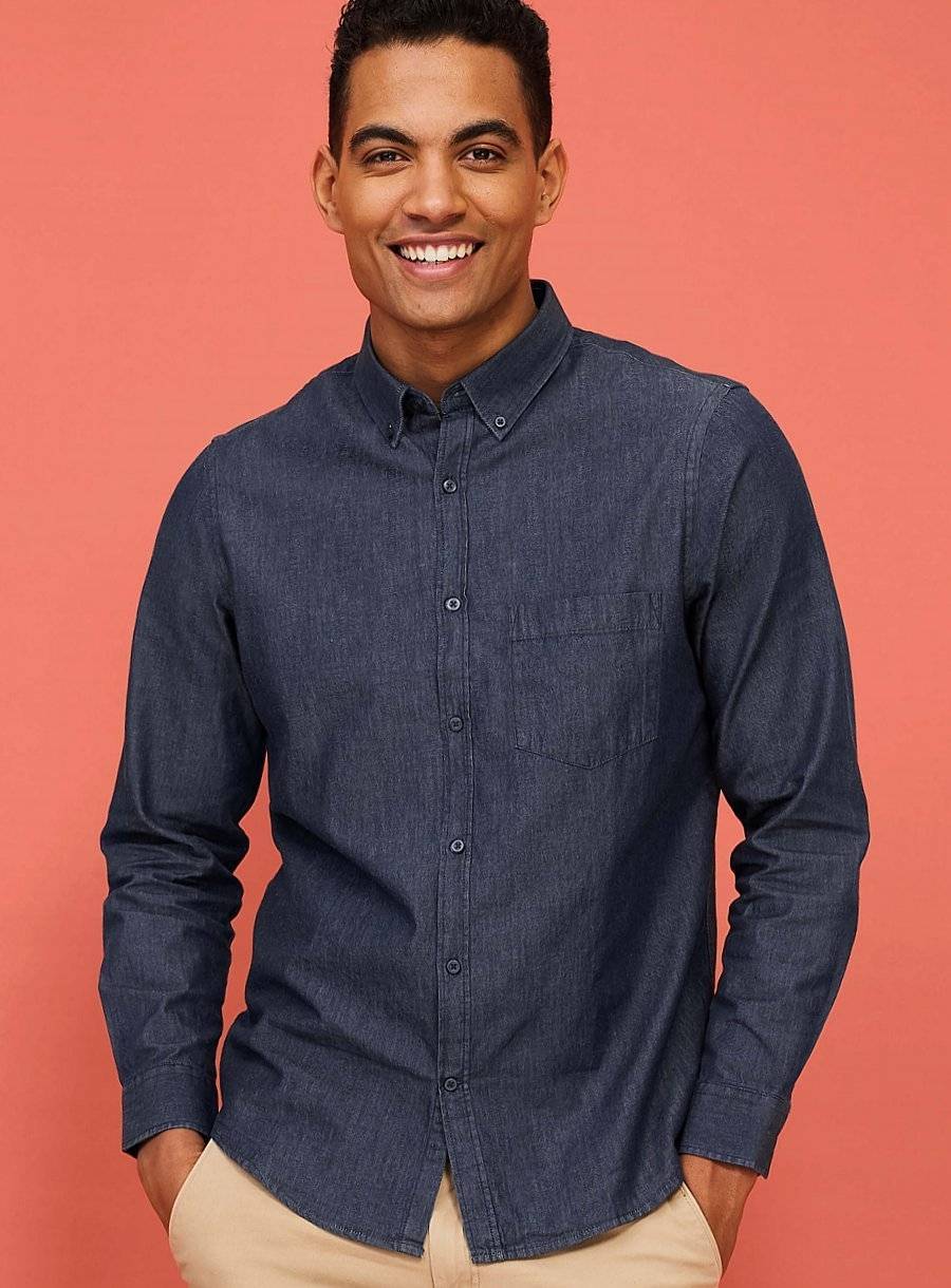Jeansowa koszula męska z kołnierzem na guziki
