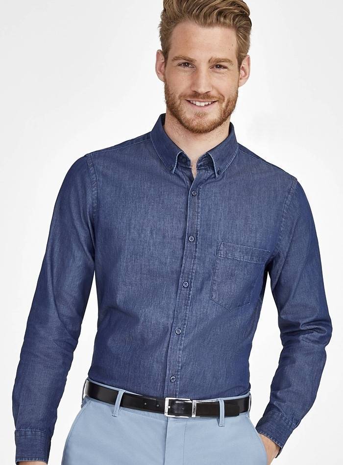 Jeansowa koszula męska z kołnierzem na guziki