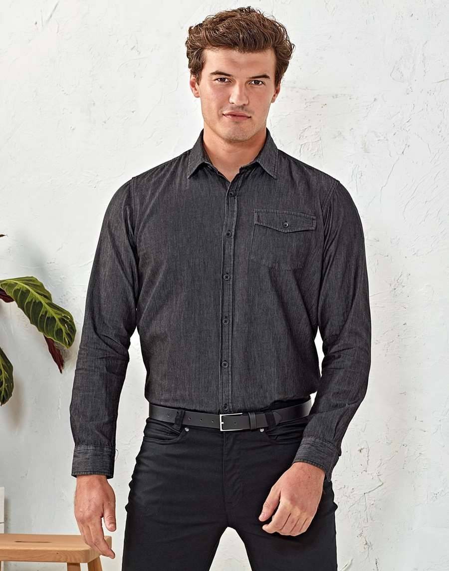Jeansowa koszula męska z zapinaną kieszenią na piersi