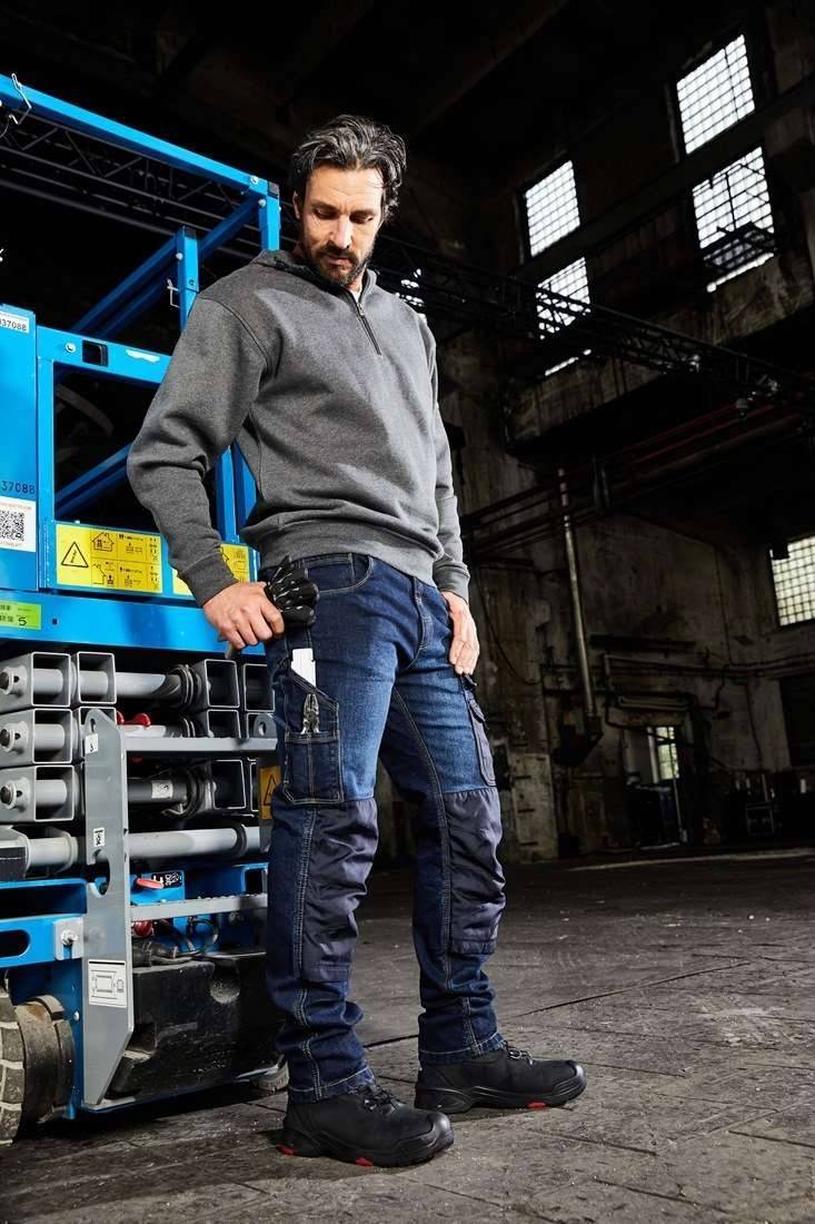 Jeansowe spodnie robocze z mocnymi kolanami, materiał z bawełny organicznej oraz z recyklingu