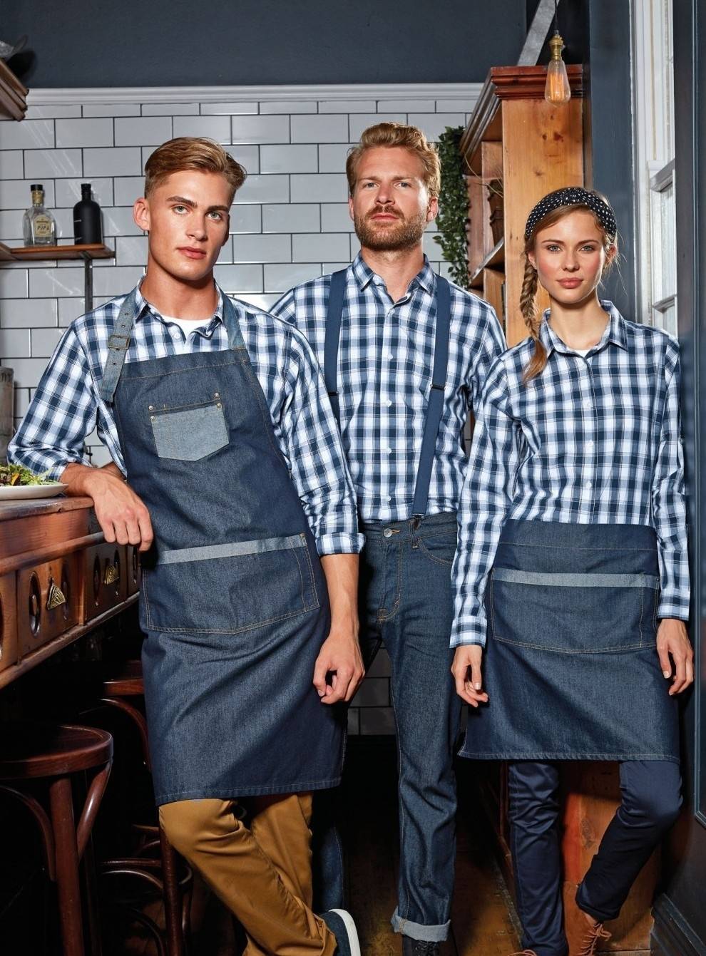 Jeansowy dwukolorowy fartuch kelnerski z kieszeniami