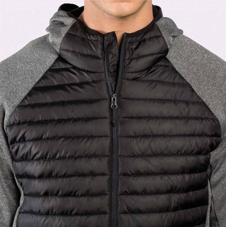 Kurtka hybrydowa z kapturem oraz pikowanym korpusem połączonym z materiałem softshell