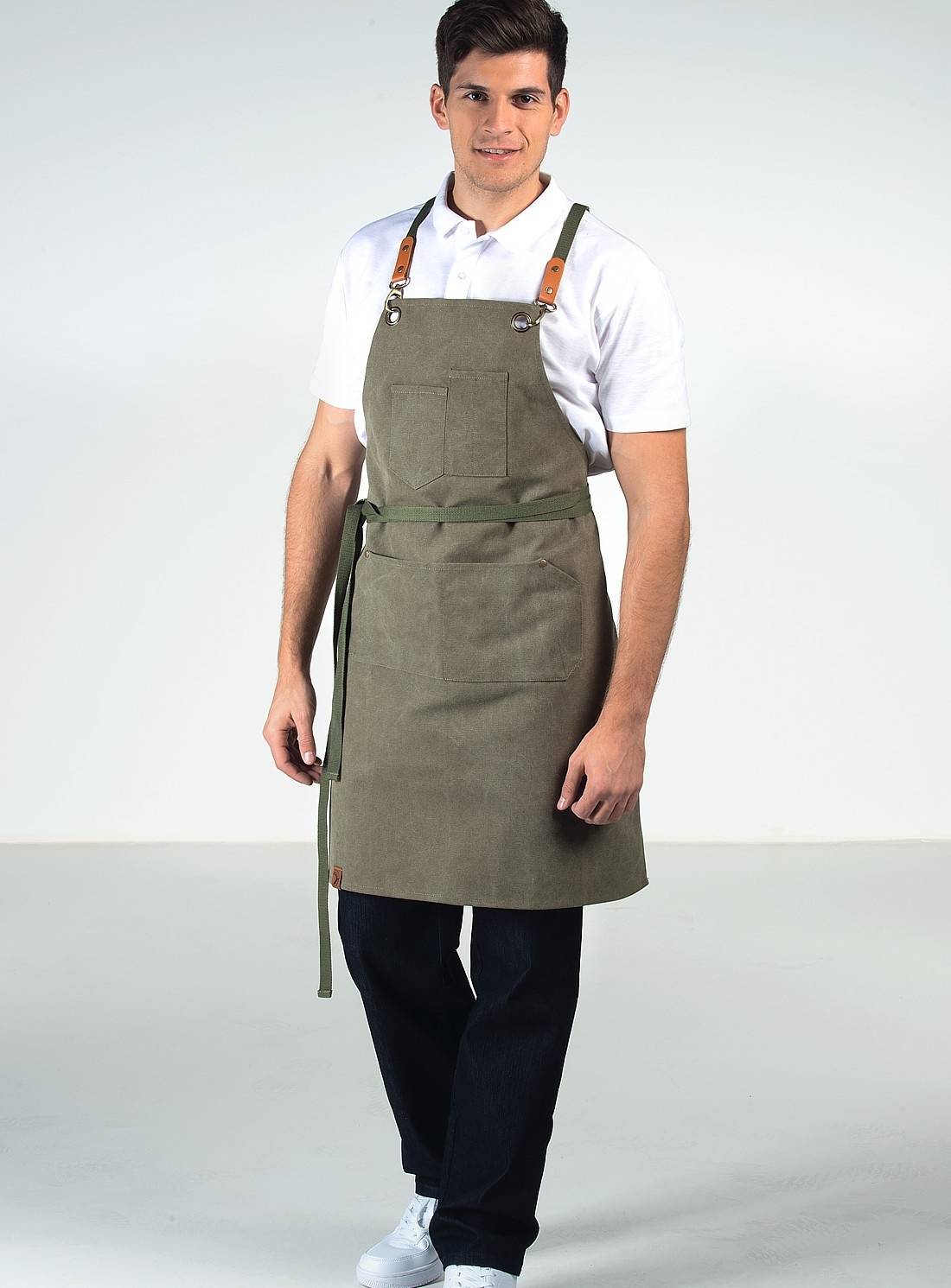 Modny fartuch kelnerski z ozdobnymi oczkami i wiązaniem