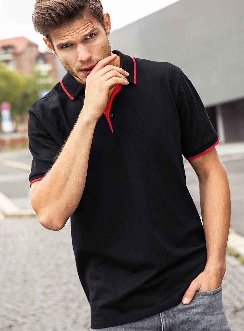 Polo męskie z kontrastowymi paskami i panelem na guziki