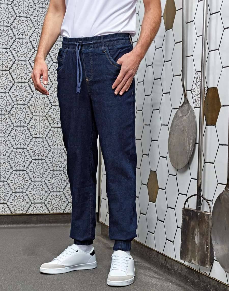 Spodnie imitujące jeans z elastycznym pasem regulowanym troczkami