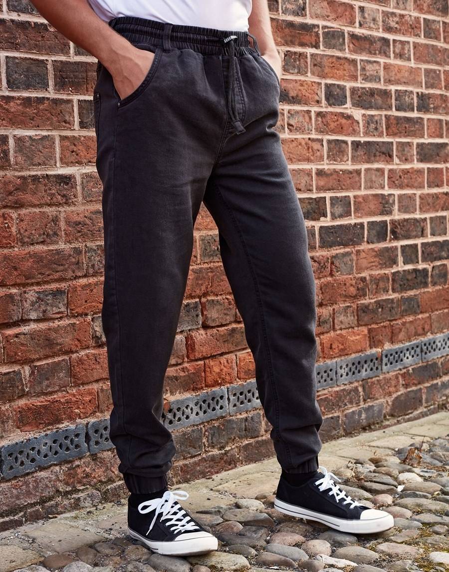 Spodnie imitujące jeans z elastycznym pasem regulowanym troczkami