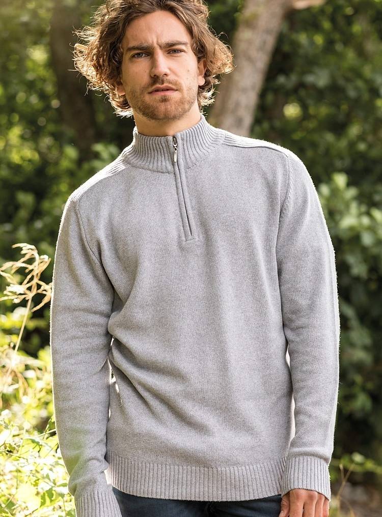 Sweter męski z prążkowanym wykończeniem i krótkim zamkiem