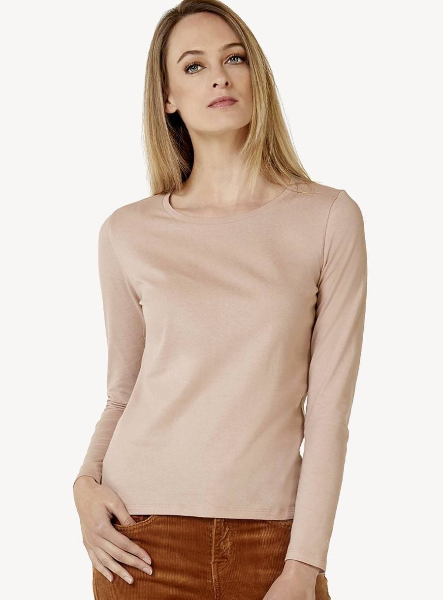 T-shirt damski z długimi rękawami z drobno-prążkowanym dekoltem